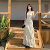 White polka dot lace suspender dress, women look good in summer, beautiful waist and thin hip skirt