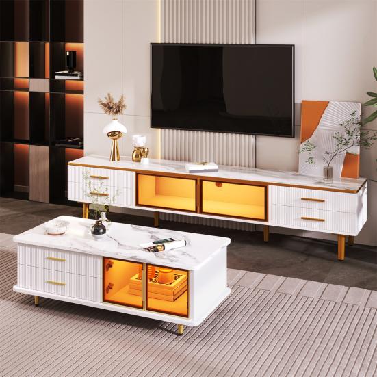 TV Cabinet with LED Light 4 Drawers Spacious Countertop High-Gloss Television Stand Painting Mid Century Modern Living Room Furniture Console