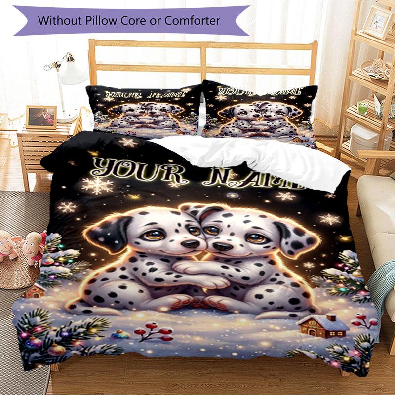 3PC Custom Name Winter Dalmatian Hugs Bedding Set Duvet Cover Closure Includes 1 Duvet Cover & 2 Pillowcases for Bedroom