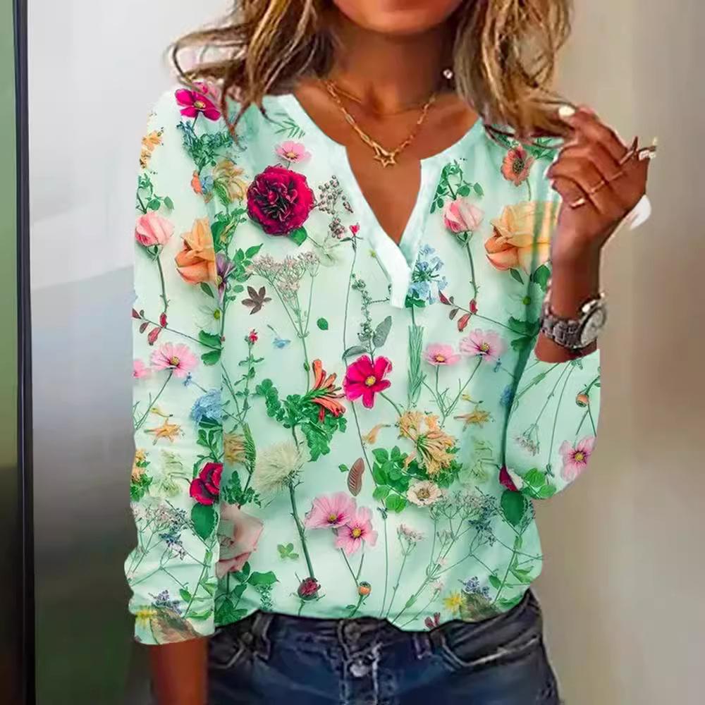 Sommer-T-Shirt mit V-Ausschnitt und langen Ärmeln für Damen