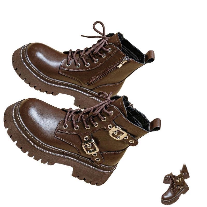 Leather Martin Boots Women's Autumn and Winter New Handsome Tooling Velvet Short Boots Thick-soled Heightening Single Boots