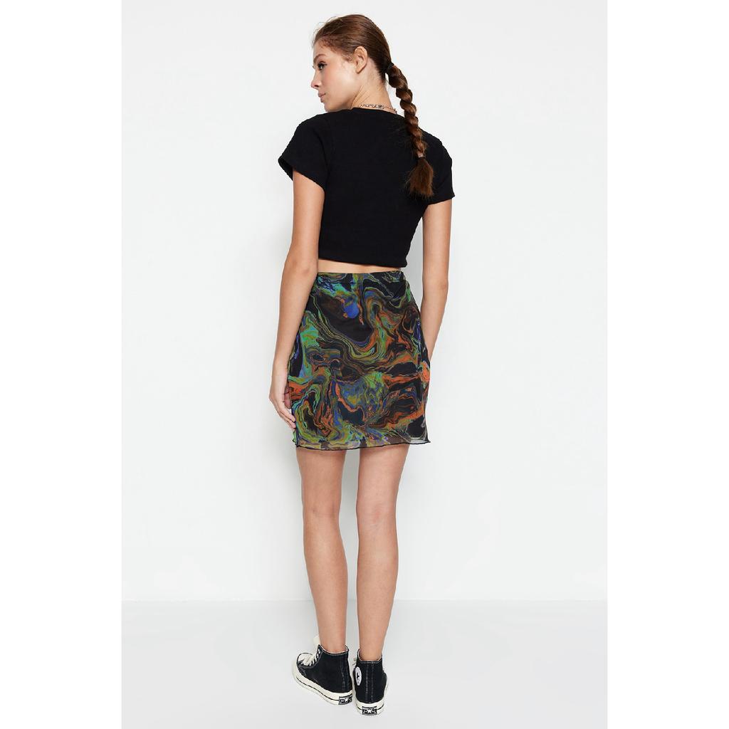 Brown Printed Tulle High Waist Lined Mini Knitted Skirt Twoss23et00050