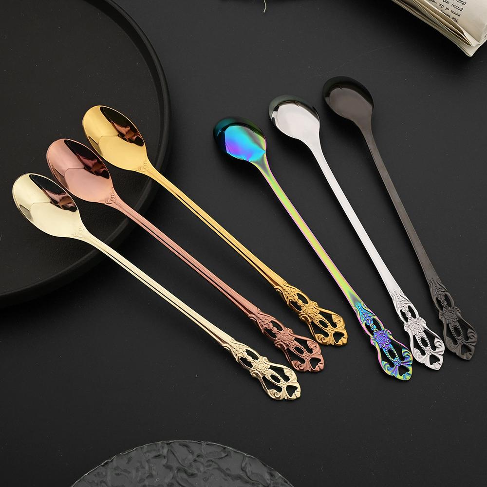 4Pcs Stainless Steel Long-Handled Ice Teaspoon Coffee Spoon Ice Cream Stirring Spoon Kitchen Accessories Tableware Set