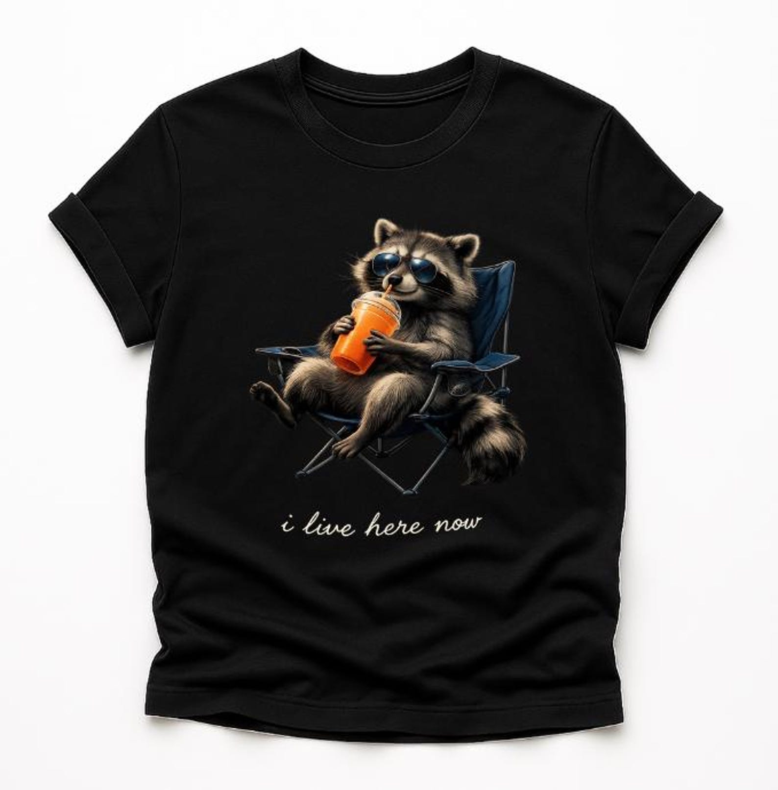 I Live Here Now T-Shirt, Funny Raccoon Camping Gift, Trash Panda Vacation Graphic Tee XL