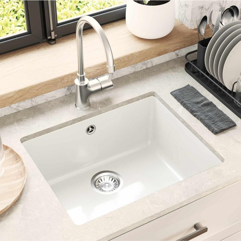 White Kitchen Sink 530 x 460 mm Made of 80percent Quartz and 20percent Resin