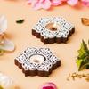 Set of 2 White Brown Wooden Floral Printing Block Decorative Tea Light Candle Holders, Diya Stands - Tea Light Holders - Christmas Diwali Decoration