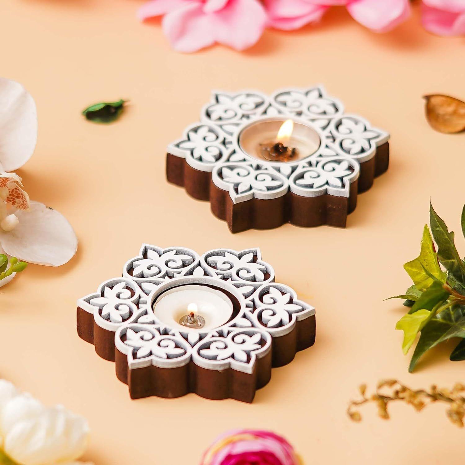 

Set of 2 White Brown Wooden Floral Printing Block Decorative Tea Light Candle Holders, Diya Stands | Tea Light Holders | Christmas Diwali Decoration