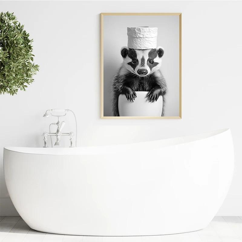 Black and White Cute Animal and Toilet Paper Poster Cat Hedgehog Sloth Canvas Painting Wall Art Bathroom Living Room Home Decor