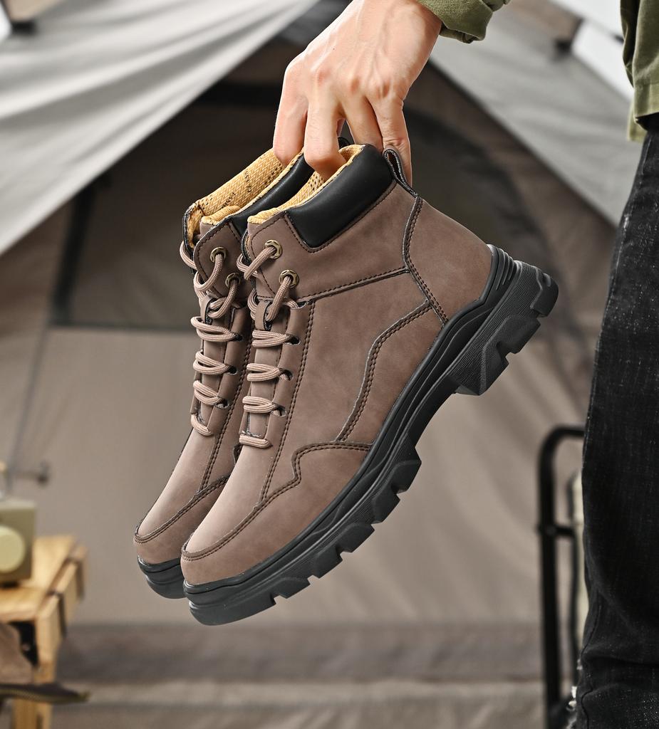 Men Gray Coffee Large Size Large Size Leather Work Boots Lace Up Rugged Utility Shoes Outdoor Walking Autumn Travel Footwear