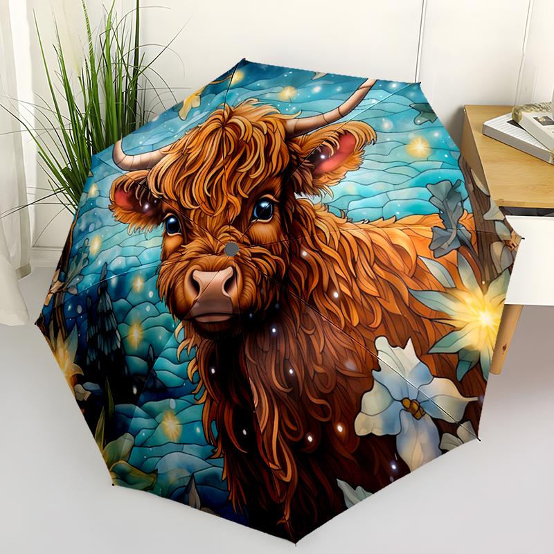 Cute Highland Cow Folding Umbrella Fashion Auto-Open Design 8 Iron Ribs Plastic Handle Foldable Sunshade Perfect Christmas Gifts