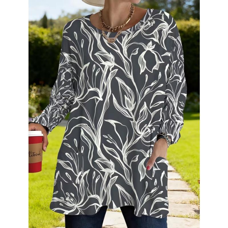 Women's long-sleeved round-neck T-shirt, suitable for spring, autumn and winter seasons. It has pockets and print designs. machine washable.