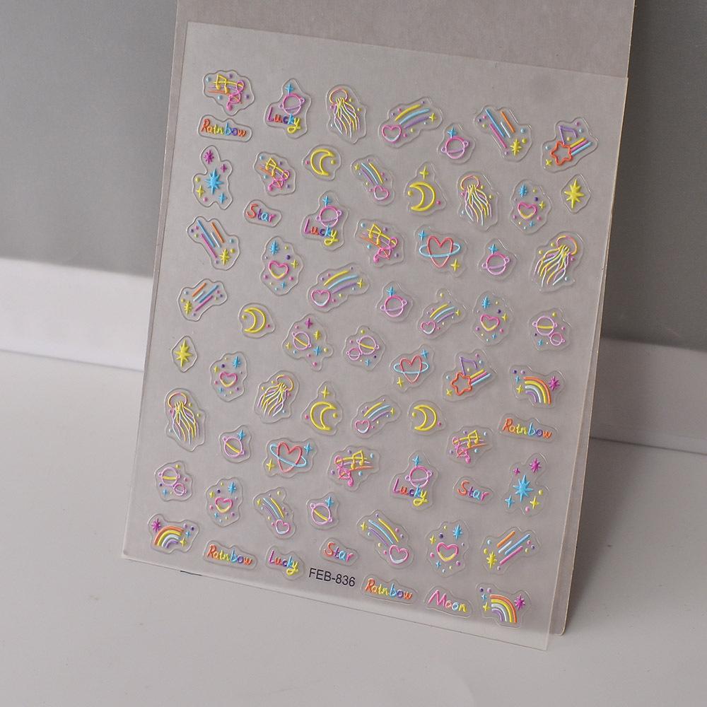 5D Embossed Summer Cartoon Nail Stickers - Ultra-Thin Dopamine Heart & Simple Line Decals