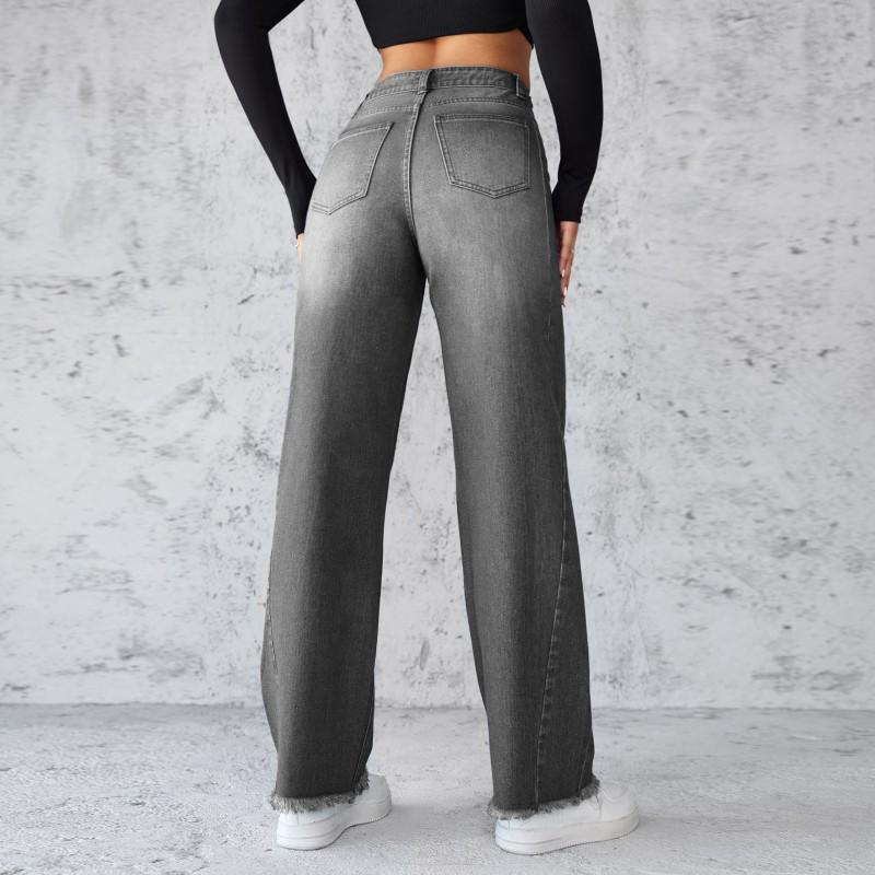 Womens High Waist Straight Leg Wide Jeans No Stretch Denim Pants Street Style