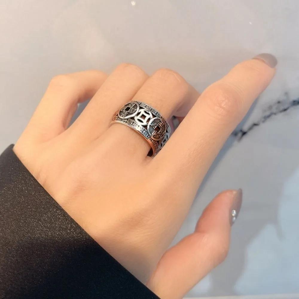 Trendy Retro Fashion Five Emperors Copper Coin Ring Men s Creative Personality Street Popular Niche Open Ring Jewelry One Size серебряный