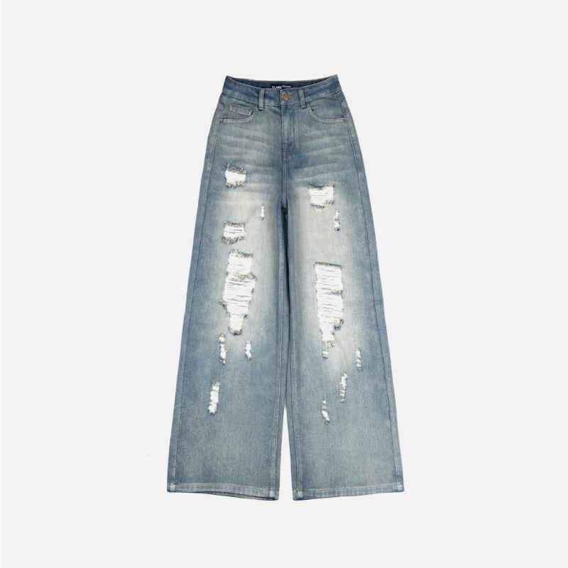 Womens Distressed Ripped Jeans Straight Leg Loose Fit High Street Style Denim Pants