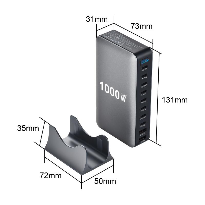 1000W GaN Multi-USB-Ladestation 10-Port-Hub Typ-C-Ladegerät PD-Schnellladestation Schreibtischladegerät für iPhone Xiaomi
