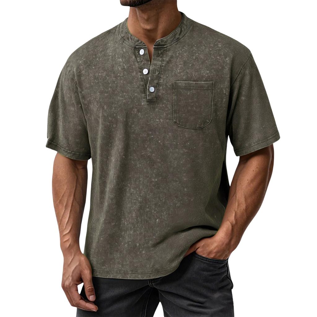 Men's Summer Round Neck Short Sleeve T-Shirt Neck Men's All- Casual Button Shirt