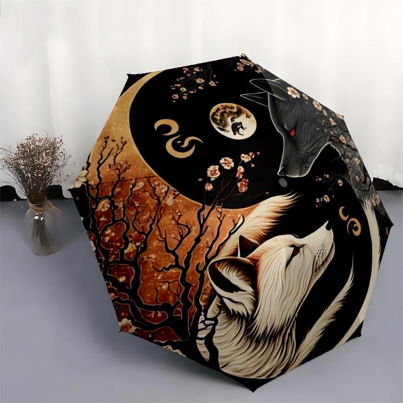 1pc Yin-Yang Wolves Blossoms Moon Umbrella with Plastic Handle,Suitable for All Seasons Home Travel Outdoor UmbrellaDD972