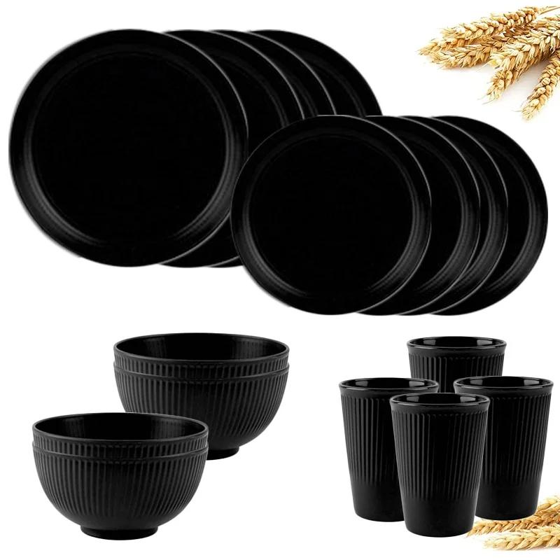 16Pcs Wheat Straw Dinnerware Set Eco Friendly Tableware Unbreakable Kitchen Cutlery Dishes Eating Cutlery Camping Service for 4