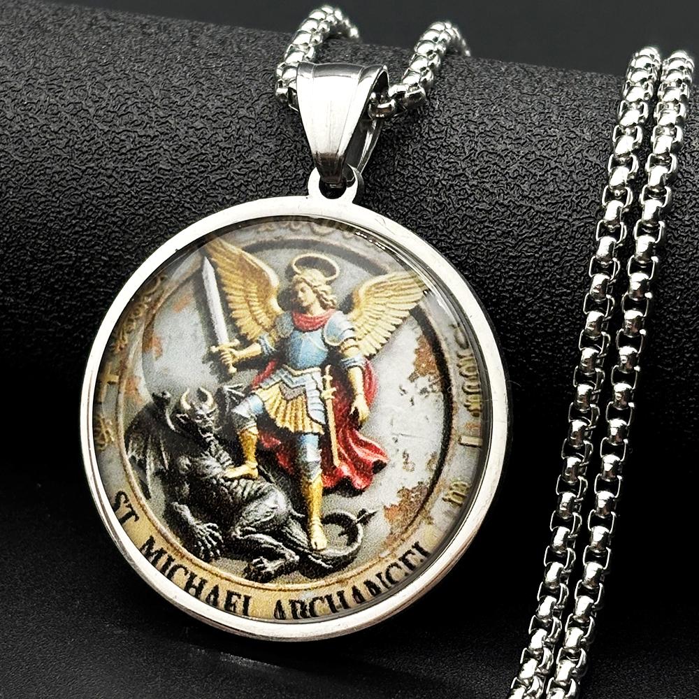 SAINT MICHAEL Archangel Defeating the Devil Glass Medal Pendant Necklace Stainless Steel Gold Plated Christian Amulet Jewelry