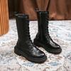 Damen Stiefel bis zur Wade Hochwertiges Leder Freizeitstiefel Mode Motorrad Ritterstiefel für Damen Schnürung Flache Stiefel Botas Mujer