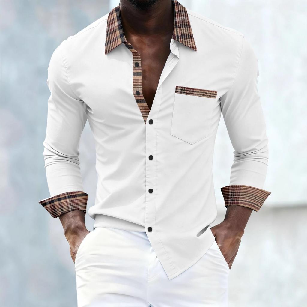 Chic long-sleeve shirt with plaid trim, versatile for daily and smart casual looks.
