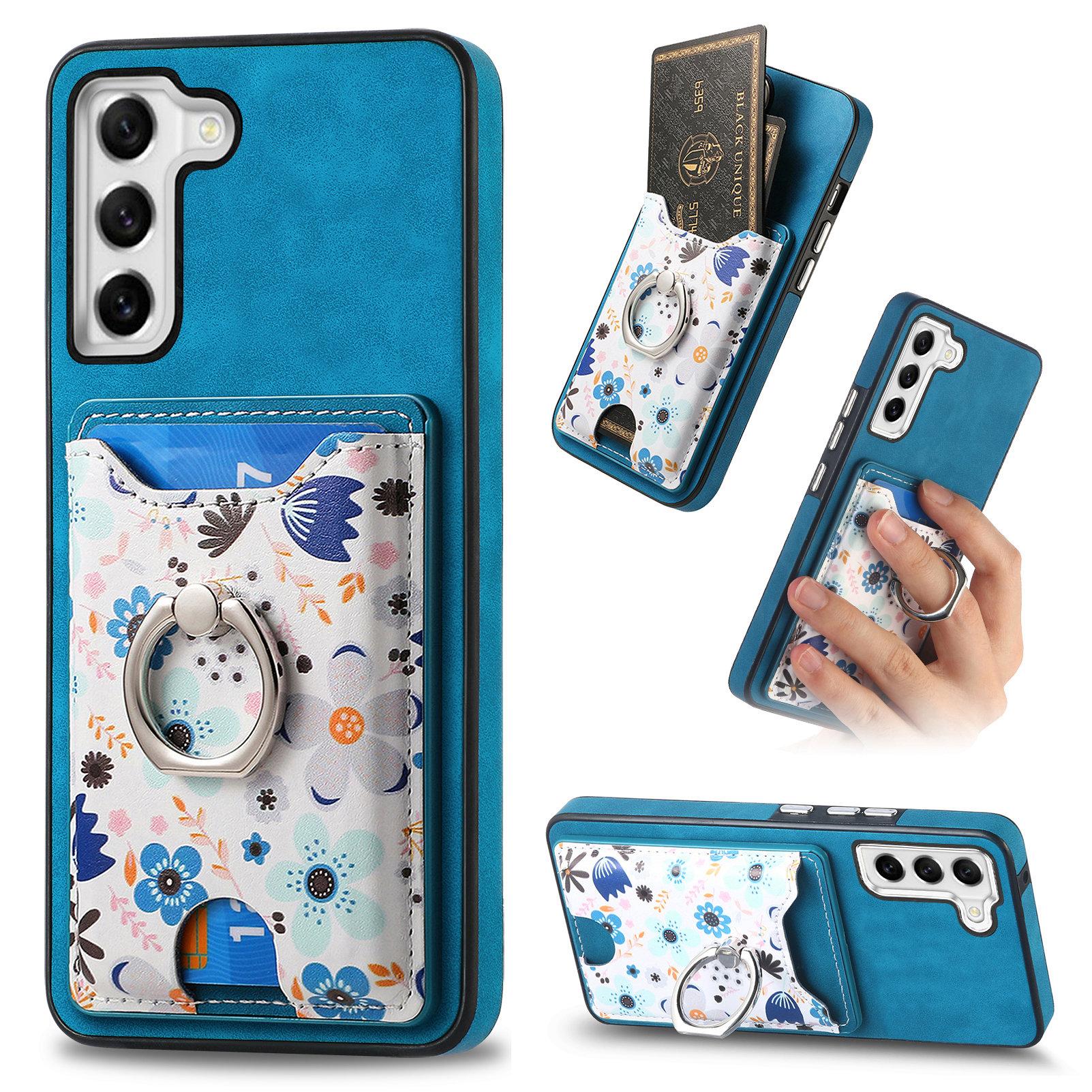 

E4 for Samsung Galaxy S21 FE 5G Case Kickstand Leather Coated TPU Pattern Back Cover Blue