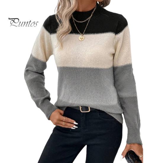 Crew Neck Women Sweater Knitting Tops Round Long Sleeve Color Blocked Knitted Tummy Cover Pullover Loose Hem H-Shaped Warm Casual Daily Wear H-shaped