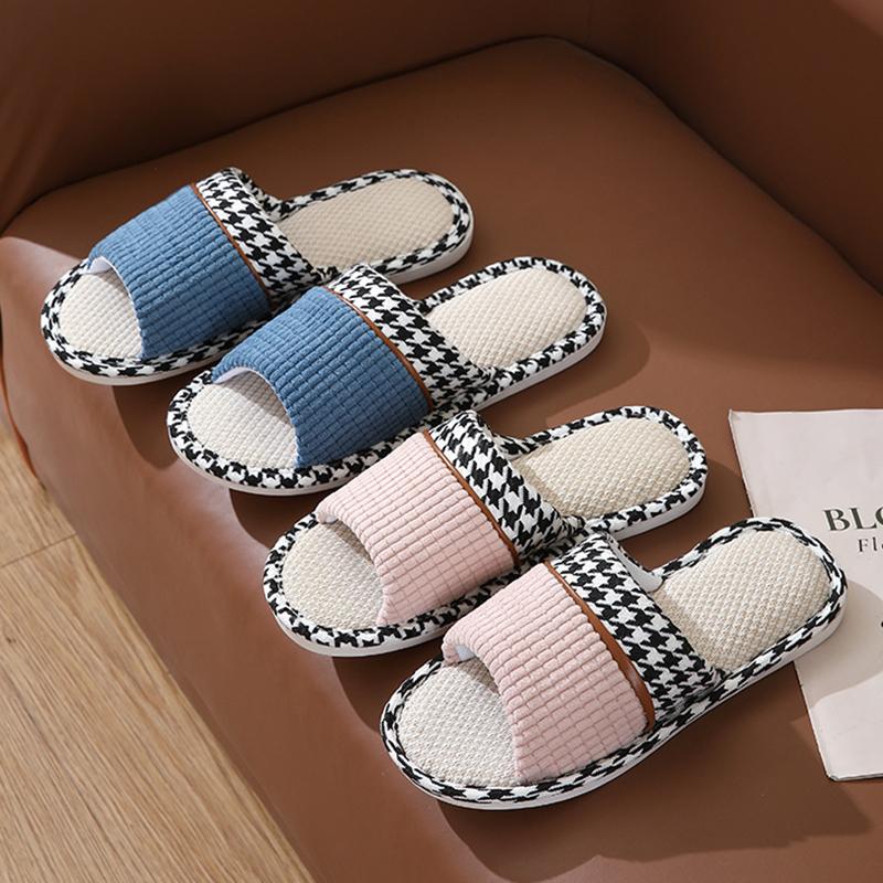 Fashion Comfortable Soft Linen Slippers for Women Plaid Pattern Lightweight Flat Bedroom Shoes Woman Non Slip Indoor Home Slippers 2025
