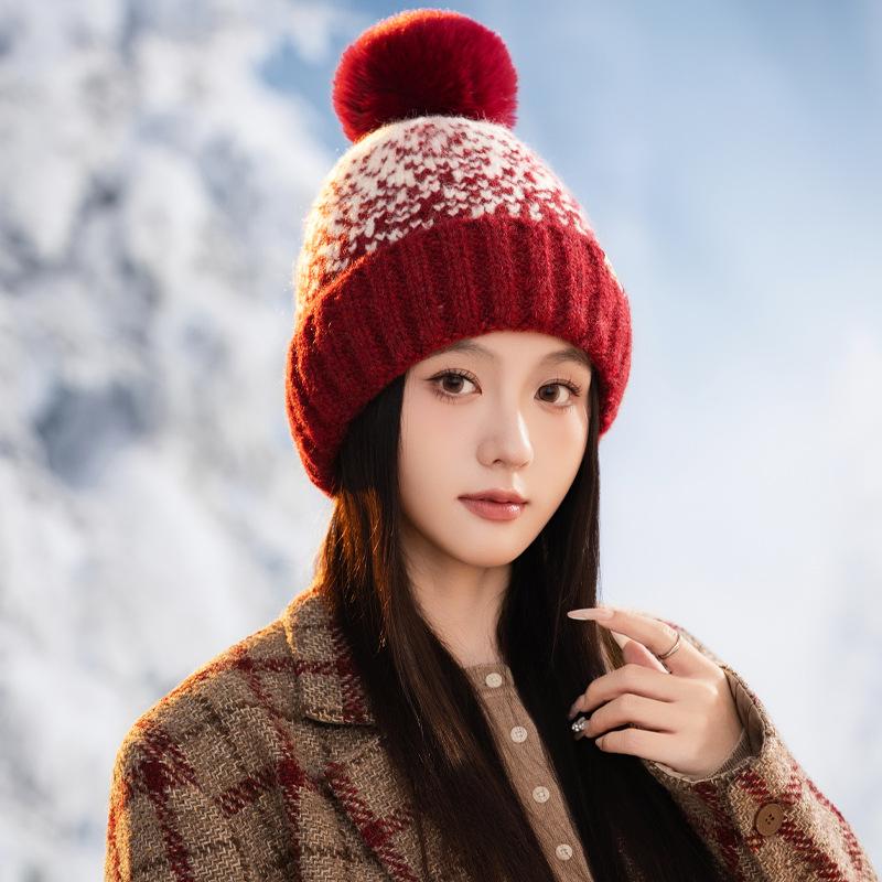 Korean Version of Autumn and Winter Hat for Women with Velvet Rabbit Wool Knitted Hat Wool Ball Cute Wool Hat Ear Protection Warm Pullover Hat