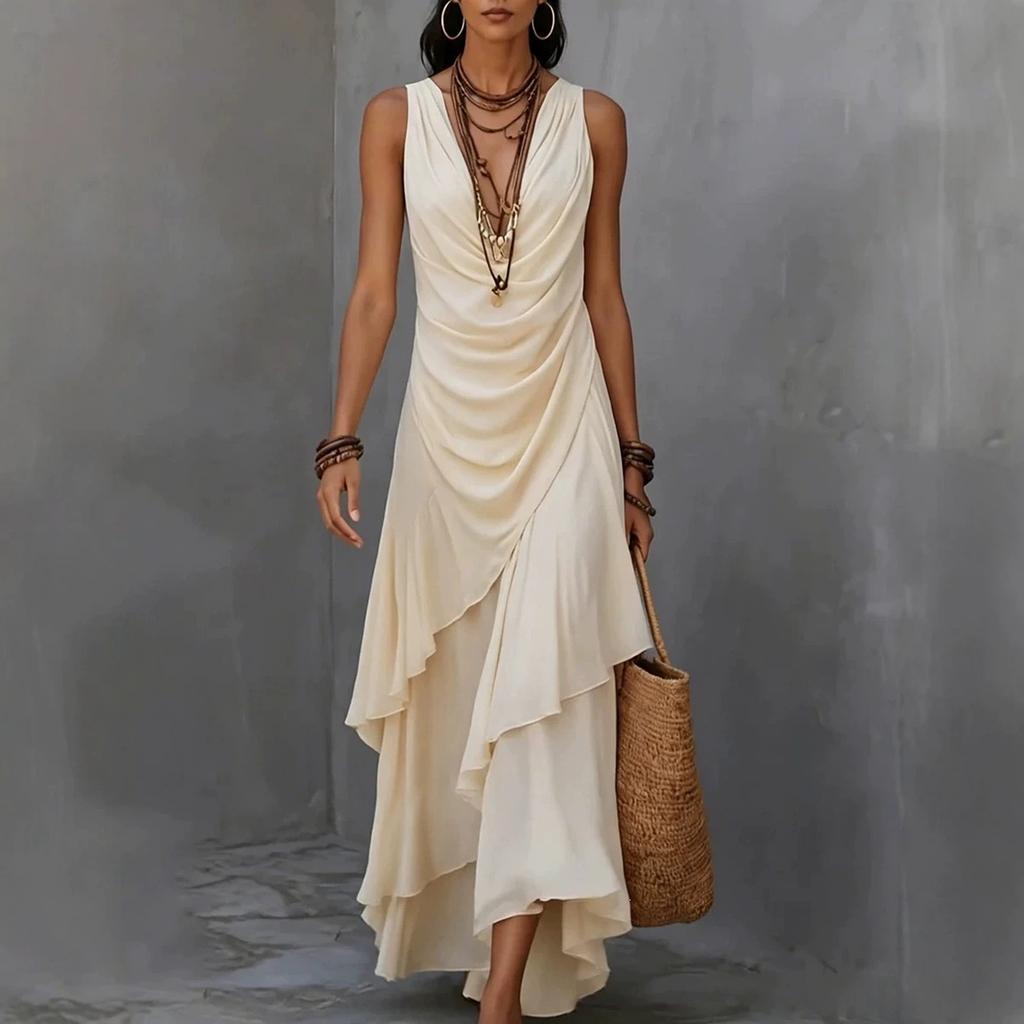 Maxi Abito da Donna Senza Maniche Scollo a V in Chiffon con Fondo Arricciato per Vacanza al Mare