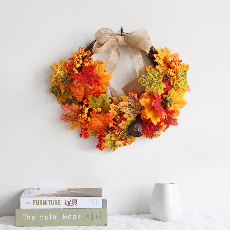 1 Pc 45cm Autumn Home Decor Wreath, Harvest Festival Decor Front Door Wreath, Maple Leaves Garland