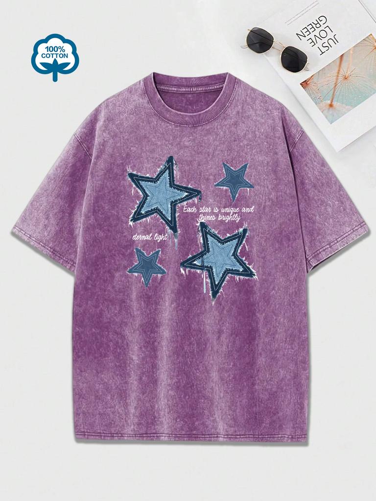 Retro Blue Jean Star Print  Snow Wash T Shirt Woman Y2K Washed Tees O-Neck Casual Short Sleeve All-Match Cotton Womens Clothes