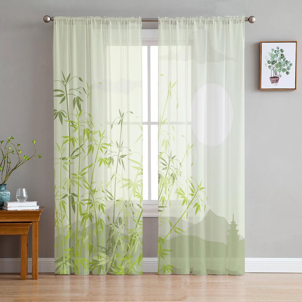 Bamboo Tree Green Plant Sheer Curtains for Living Room Transparent Tulle Window Curtain Bedroom Kitchen Home Decor Veil Drapes