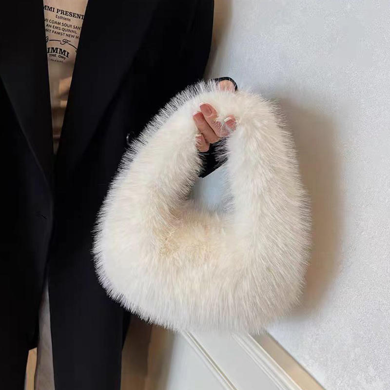 Fluffy Female Winter Purse Casual Tote Bag Winter Soft Plush Half Moon Bag Faux Fur Party Clutch Bag Lady Handbags