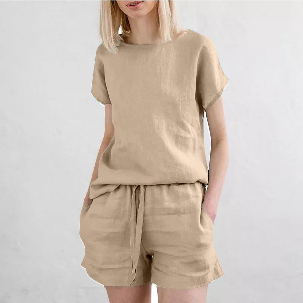 Dámské letní dvoudílné sety, volný top s kulatým výstřihem a krátkým rukávem, jednobarevné kraťasy, cestovní outfity