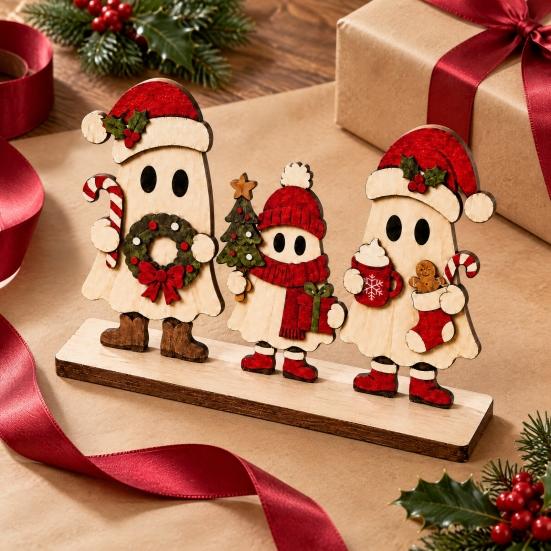 Decorative Ghost Statue for Mantel 3Pcs Wooden Christmas Ornaments with Stable Base Tabletop Holiday Entryway Cabinet Decorations Decor, 2D Flat Cute