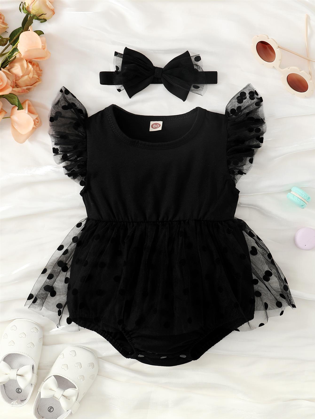 

Baby girl cute polka dot snow fly sleeve mesh skirt black triangle jumpsuit 62 чёрный
