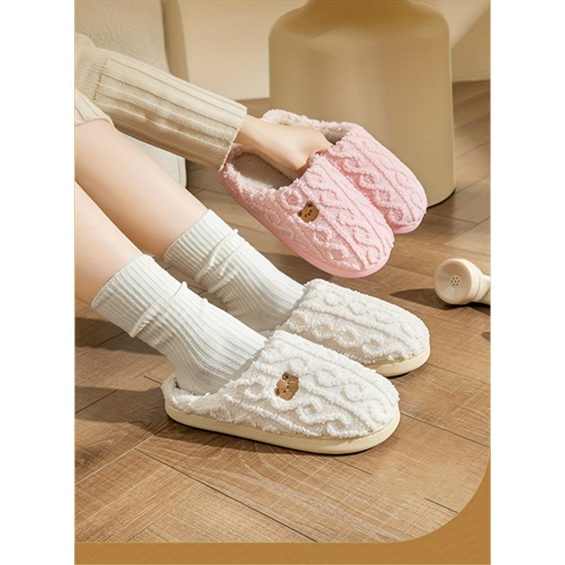 Cozy Slip-On Slippers with Cute Bear Print - Soft Fabric, Warm Winter Slippers for Home, Casual Style, TPR Sole, All-Season Comfort