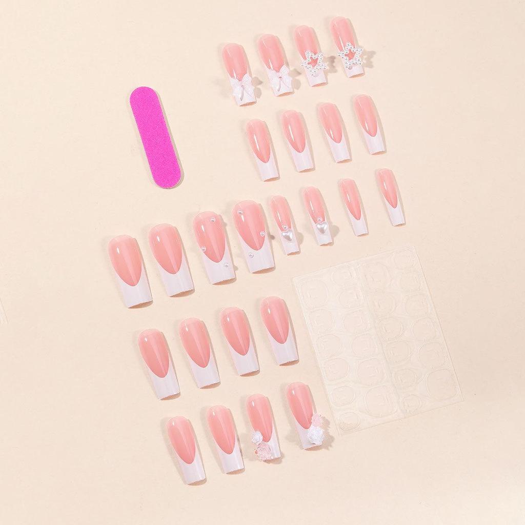 Wearable White French Camellia Bow Star Pearl Removable Nail Patches