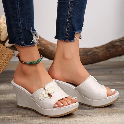 2024 Übergrößenschuhe Damen Moderne Damen Hausschuhe Retro Kleider Hausschuhe Damen Runde Zehe Print Zehenfrei Plateau Keilsandalen