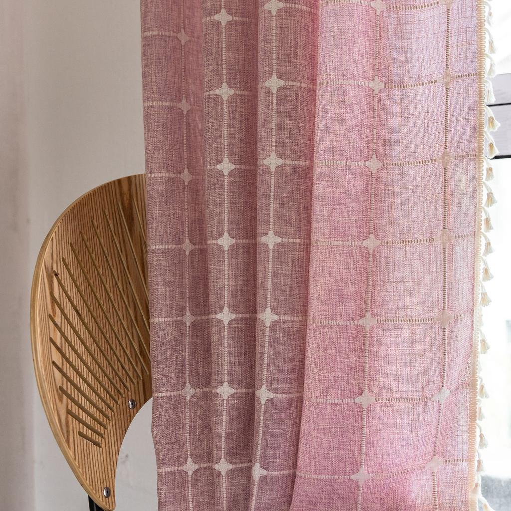 Curtain Finished Grey Plaid Embroidered Farmhouse Decorative Blackout Half Curtain Bohemian Curtain