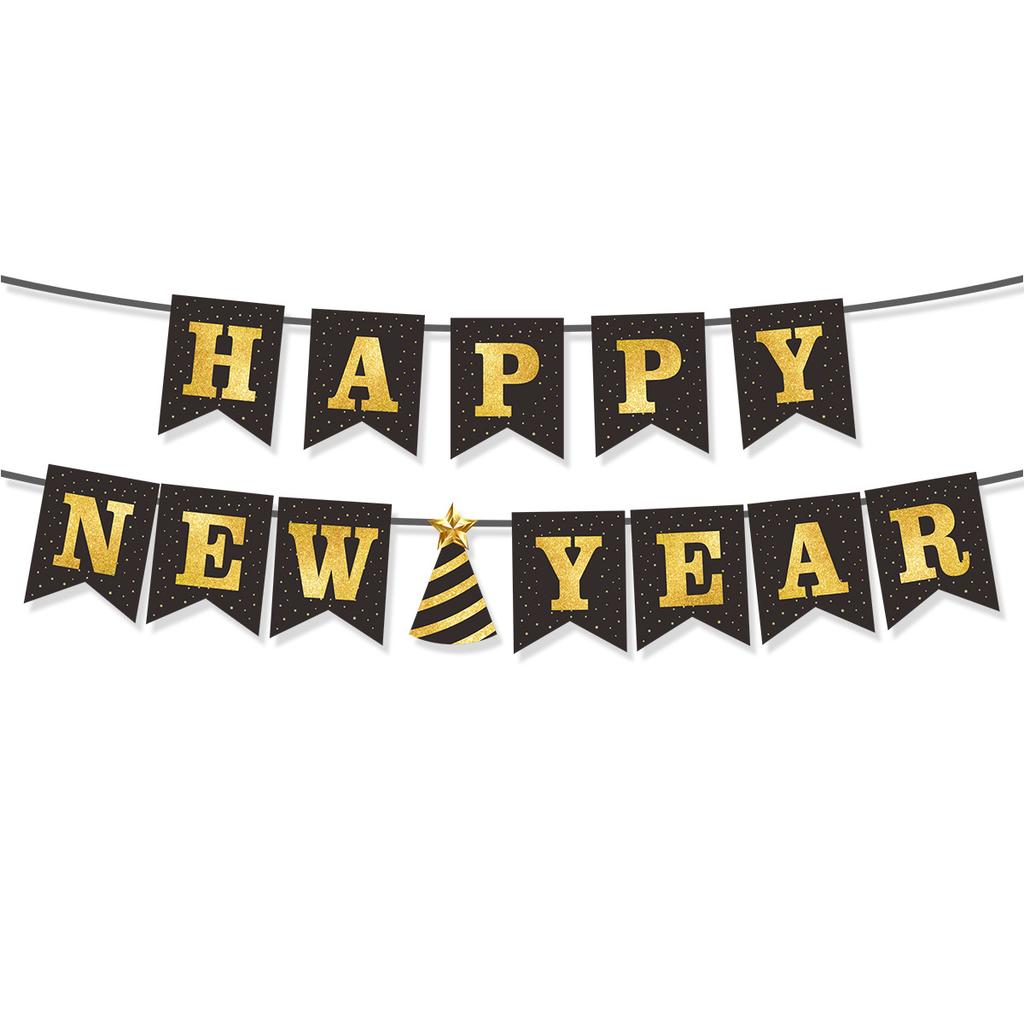 New Year'S Day Theme Party Decoration Banner Black Gold Star Hat Bronzing Flag