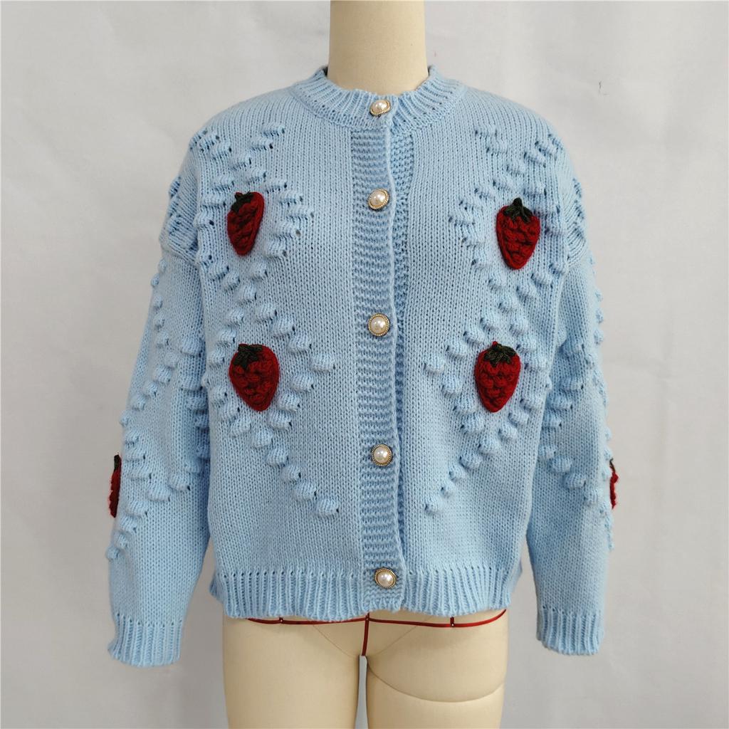 Autumn and winter hook flower embroidery three-dimensional strawberry Fried Dough Twists pearl button knitting sweater cardigan coat 3520 EMA