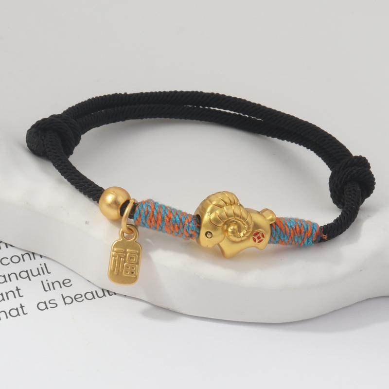 Adjustable Zodiac Goat Braided Bracelet Gold Plated Charm  Braided Rope Bracelet  Chinese Style Beads Womens