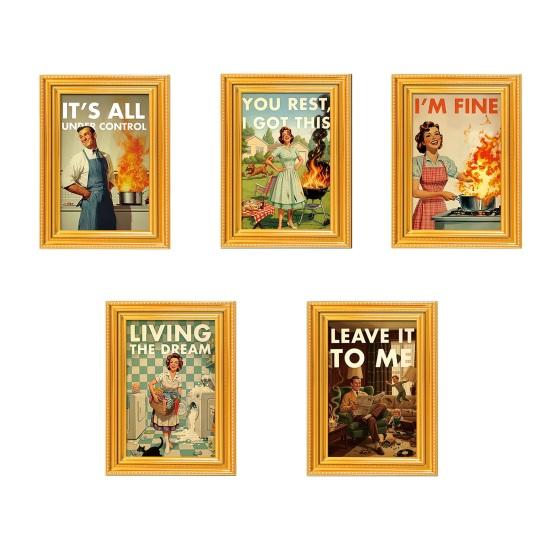 1/5Pcs Vintage Poster Cat Refrigerator Magnet 3D Wooden Retro Painting Frame Fridge Magnet Home Kitchen Office Decoration