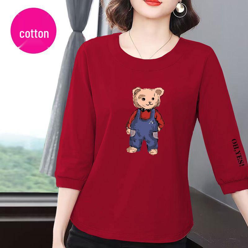 

Женская хлопковая футболка в корейском стиле, лето 2025: Универсальный, Повседневный, Стройнящий, Скрывающий живот, Свободного кроя, С рукавами семь восьмых. 3XL (140-160 lbs) красный