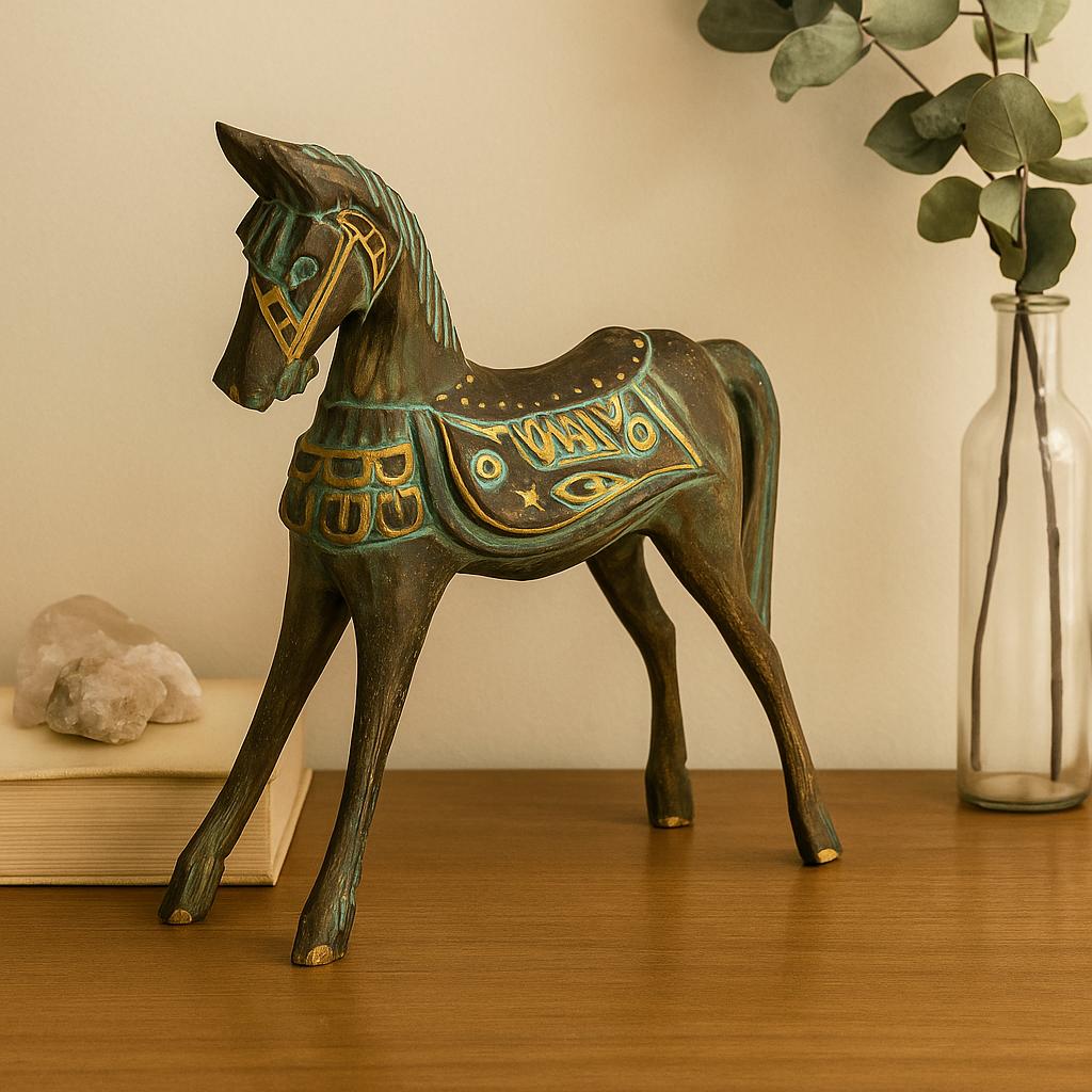 Wooden Horse Statue Gold and Turquoise 25 cm