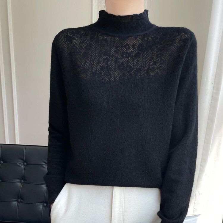 

Женский кружевной тонкий трикотажный свитер Весенний однотонный свободный вязаный топ с оборками на воротнике 2XL чёрный