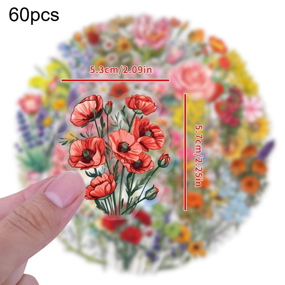 

60pcs Transparent Flower Stickers Rose Tulip Lavender Dandelion Marigold Decals Scrapbooking Water Bottles Skateboard DIY Crafts